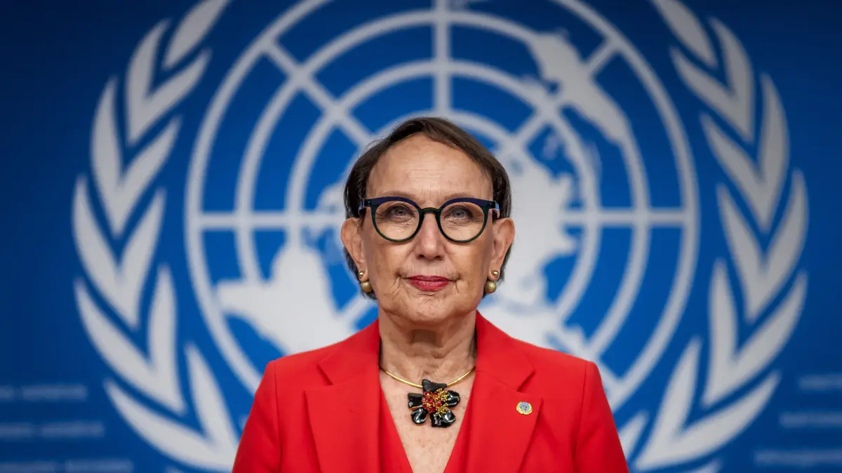 (FILES) Secretary-General of the United Nations Trade and Development (UNCTAD) Rebeca Grynspan looks on prior to a press conference ahead of the 16th UN conference on trade and development, in Geneva, on October 13, 2025. The four candidates vying to succeed UN Secretary-General Antonio Guterres will undergo public hearings this week, a preliminary step before selecting the person who will lead THE organization in the midst of a crisis. Chile’s Michelle Bachelet, Argentina’s Rafael Grossi, Costa Rica’s Rebeca Grynspan, and Senegal’s Macky Sall will each face three hours of questioning on April 21 and 22, 2026 from the 193 member states and representatives of civil society. (Photo by Fabrice COFFRINI / AFP)