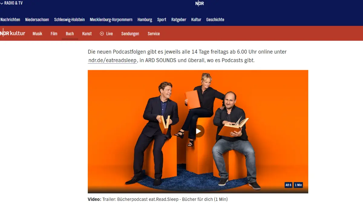 Podcaster-Trio: Die Kulturjournalisten Jan Ehlert (v.l.), Katharina Mahrenholtz und Daniel Richter vom NDR plaudern bei "eat.READ.sleep" alle zwei Wochen über neue Bücher, alte Favoriten und Lesekultur im weitesten Sinne.