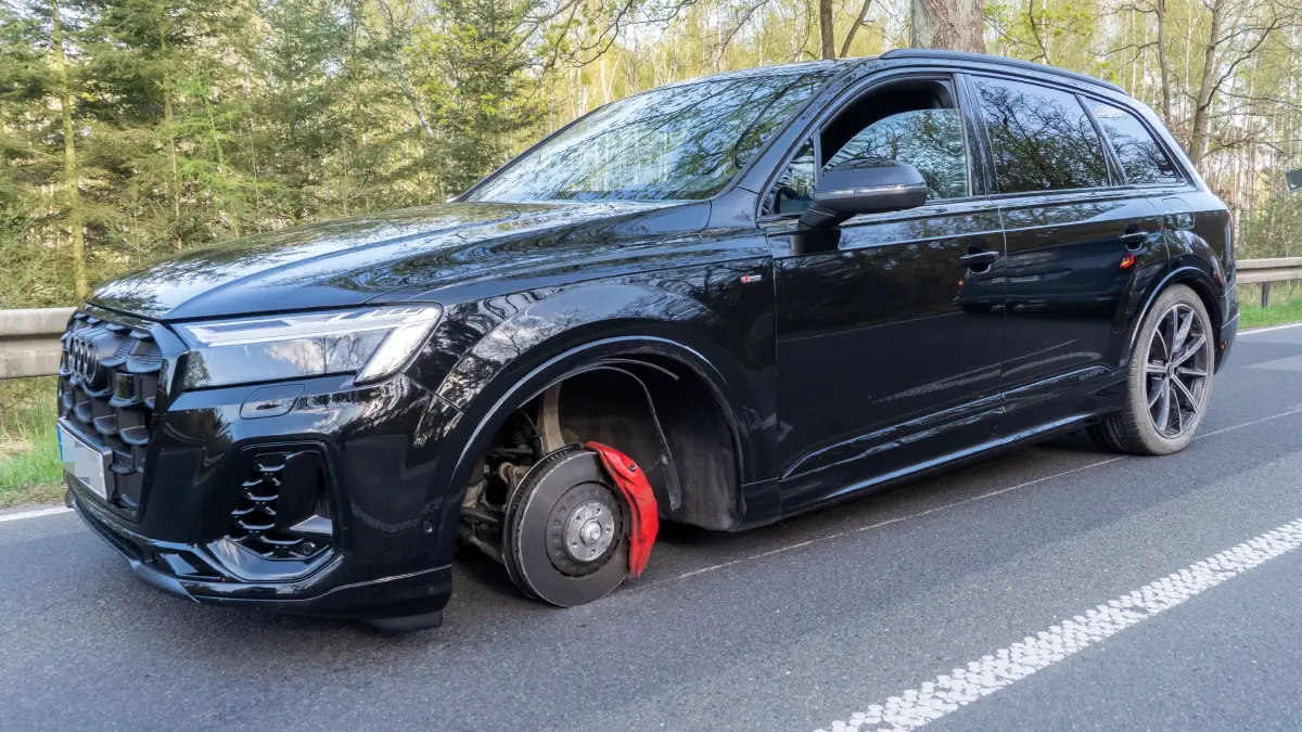Unfall B166: Schwedt, 23.04.2026: Auf der B166 in Schwedt wurde ein gelöstes Rad zum gefährlichen Geschoss. Die Faht des Audi. Q7 fand ein jähes Ende.