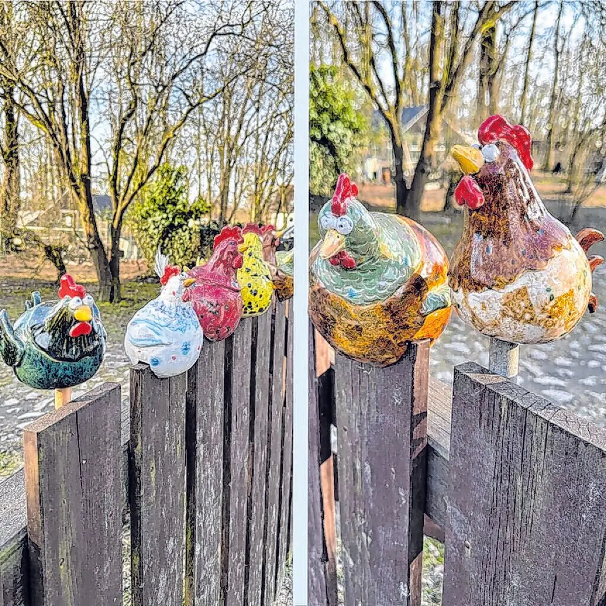 Der Markt von Kunsthandwerkern aus der Region hat einige Überraschungen zu bieten. Da gucken nicht nur die Hühner neugierig über den Zaun.⇥Keramik und Foto: ⇥Bettina & Lisa Kermer