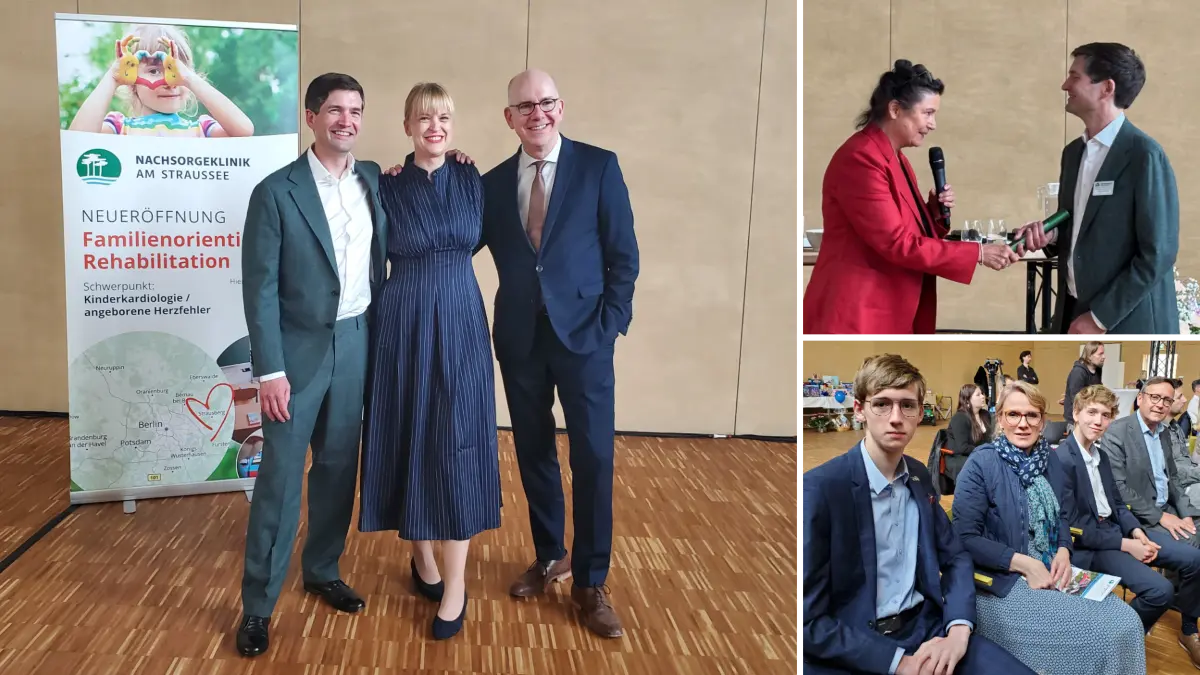 Freuen sich über die Eröffnung der Nachsorgeklinik in Strausberg: Ärztlicher Direktor Hendrik Spriestersbach und die Geschäftsführer Karsta Dietrich und Jan Dreher (v.li., linkes Bild). Ines Konzag, frühere Chefärztin der nicht mehr existenten Kindernachsorgeklinik in Bernau, übergibt symbolisch den Staffelstab an Hendrik Spriestersbach (rechtes Bild oben). Familie Gille beginnt kommende Woche die Reha am Straussee (rechtes Bild unten).