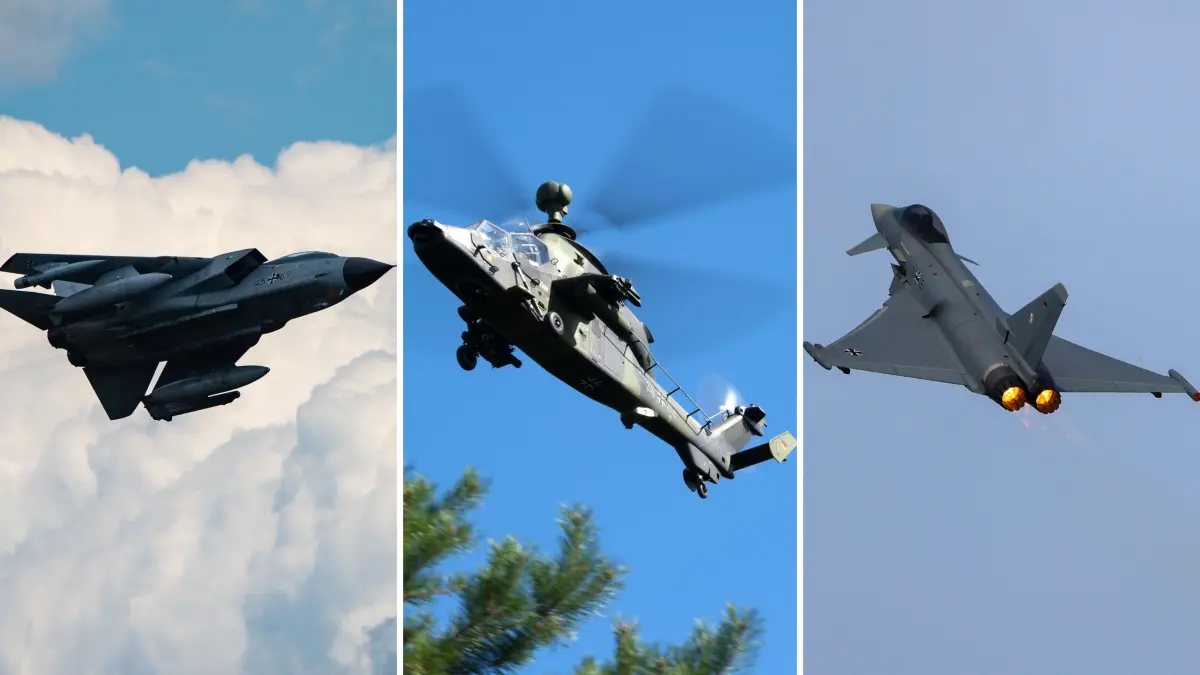 Ein Kampfjet „Tornado“, ein Hubschrauber vom Typ „Tiger und ein „Eurofighter“ in der Luft. Die drei Fluggeräte kann man bei der ILA 2026 auch tatsächlich in der Luft sehen.
