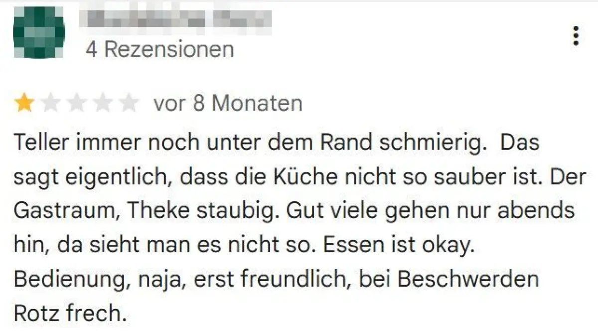 Negative Google-Rezension zu einem Lokal in Königs Wusterhausen. Nicht immer ist die Kritik sachlich und höflich formuliert.