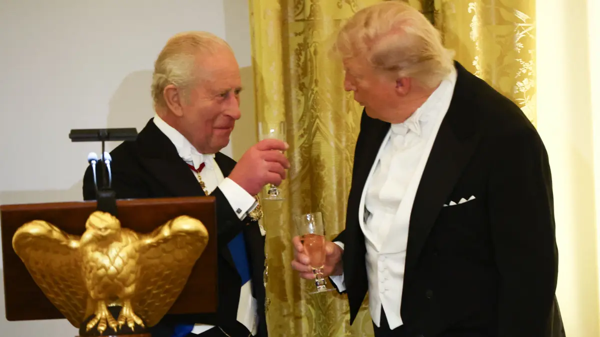 776489600: US President Donald Trump and Britain's King Charles III raise a toast during a State Dinner in the East Room of the White House in Washington, DC, on April 28, 2026. (Photo by Henry Nicholls / AFP)