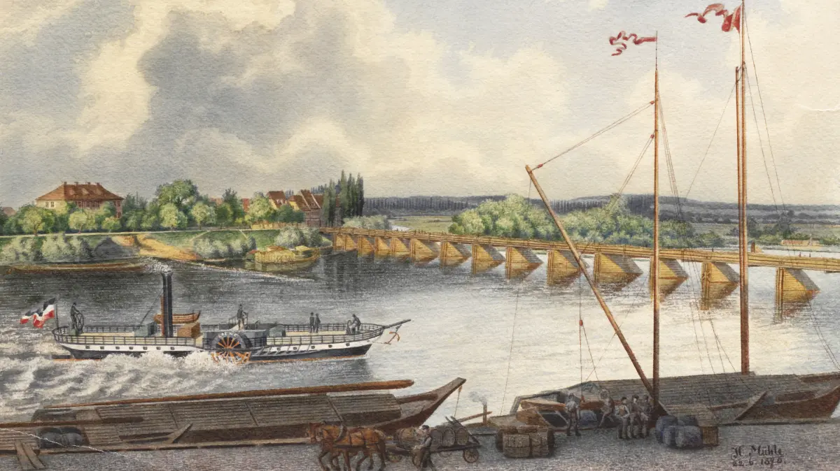Die alte Oderbrücke aus Holz, 22.6.1876, Frankfurt (Oder), Aquarell von Hugo Mühle