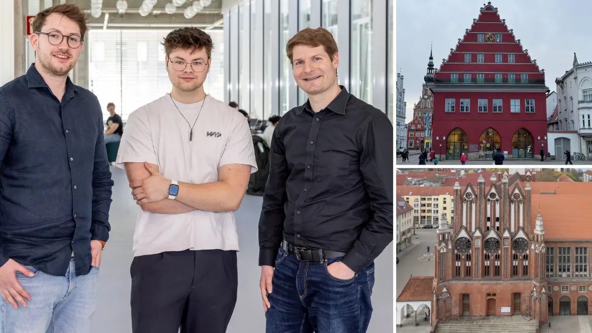 Die beiden Betreuer der Bachelorarbeit Prof. Drahomir Klimsa (links) und Prof. Fabian Bald (rechts) mit Michael Meyer im neuen Co-Working-Space. Michael Meyer hat die Haushalte von Greifswald und Frankfurt (Oder) miteinander verglichen.