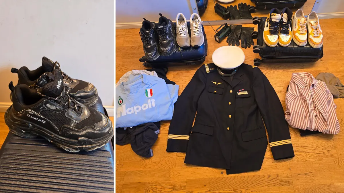 Inhalt aus zwei Koffern der Fundsachen-Auktion des Flughafens BER. Neben einer Pilotenuniform auch spanische Designerschuhe.