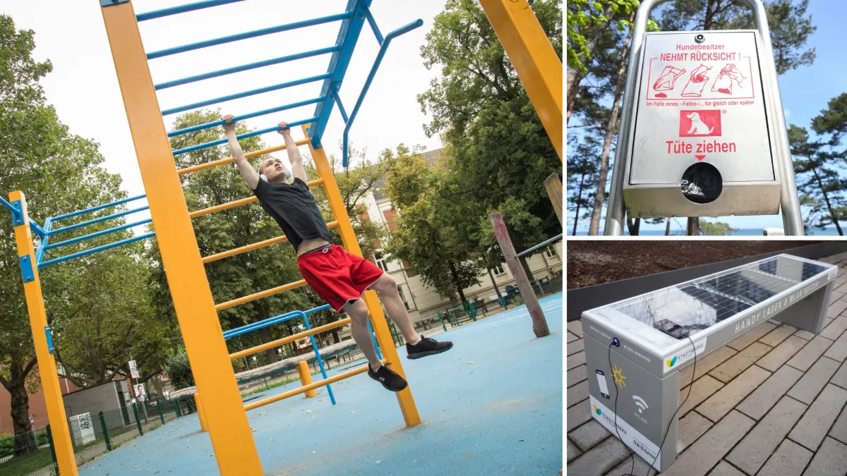 Mann treibt Sport in einem Calisthenics-Park Fotograf Christin Klose/dpa, Ein Spender für Hundekotbeutel , Foto: Stefan Sauer/dpa, ein Mobiltelefon liegt auf einer Solar-Sitzbank in Stuttgart , Foto: Tom Weller7dpa