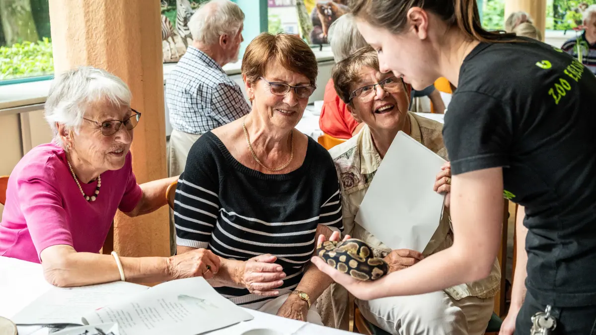 Drei Damen mit Schlange: Der Seniorennachmittag der Stadt Eberswalde ist beliebt. So beliebt, dass die Veranstaltung dieses Jahr innerhalb kürzester Zeit ausgebucht war.