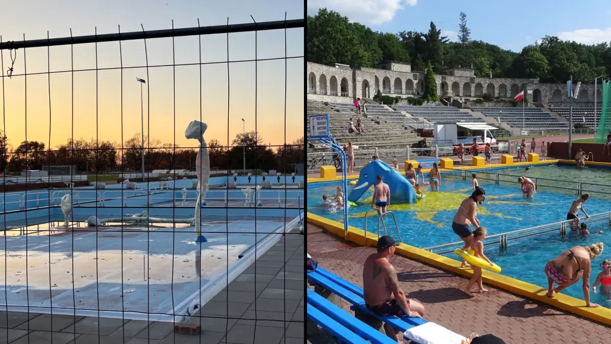 Das Freibad in Slubice wurde 2021 geschlossen und war bis dahin ein Geheimtipp (rechts ein Archivfoto von 2017). 2023 begann die Sanierung. Doch seit Monaten tut sich auf der Baustelle nichts.