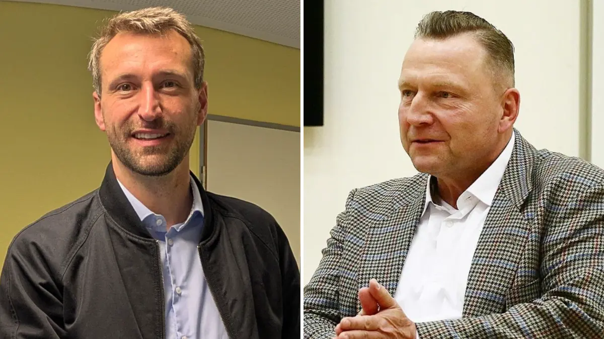 Maximilian Wonke (SPD, l.) und Steffen John (AfD, r.) wollen Bürgermeister von Panketal werden, Mai 2026