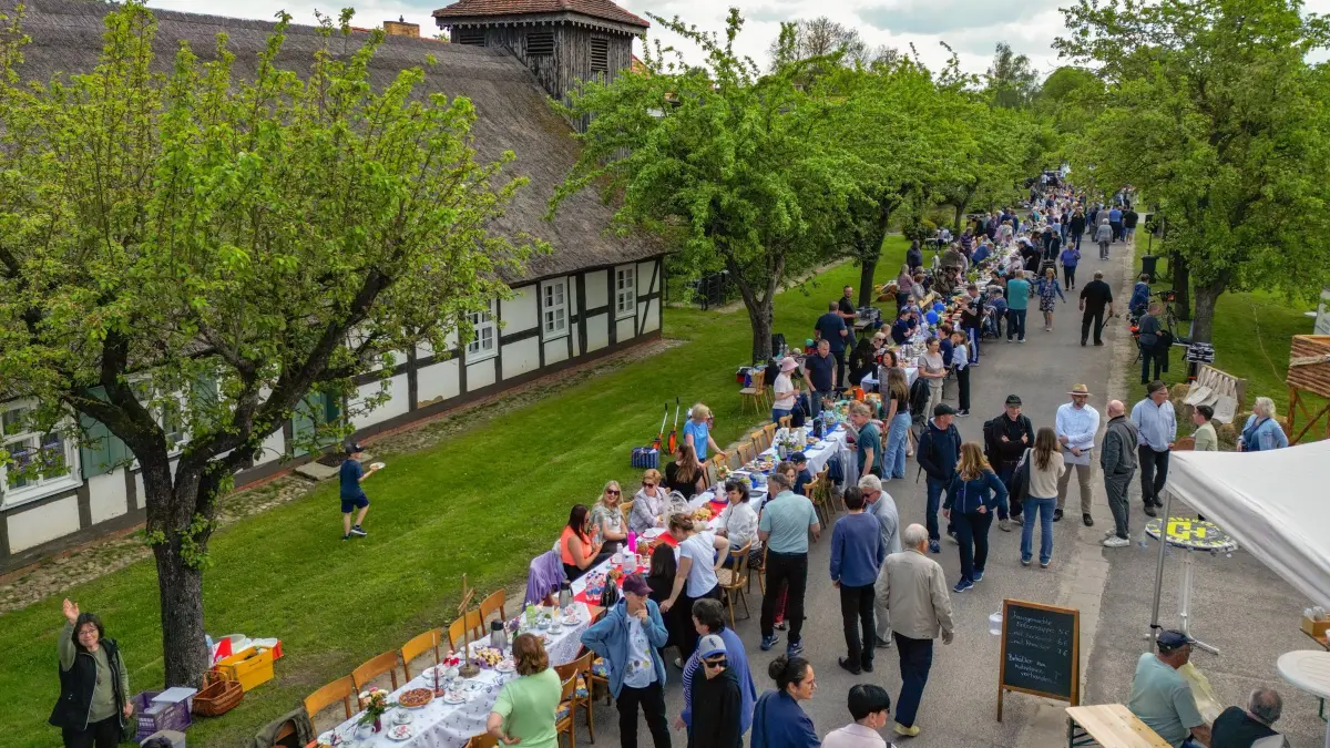 Längste Kaffeetafel im Oderbruch: 09.05.2026, Brandenburg, Wuschewier: Eine lange Kaffeetafel ist im Oderbruchdorf Wuschewier aufgebaut (Aufnahme mit Drohne). Alle zwei Jahre wird an wechselnden Orten im Oderbruch die längste Kaffeetafel aufgebaut. Im Jahr 2024 erreichte diese in Altwriezen eine Länge von 283,35 Metern. In diesem Jahr in Wuschewier nur 271,5 Meter. Foto: Patrick Pleul/dpa +++ dpa-Bildfunk +++