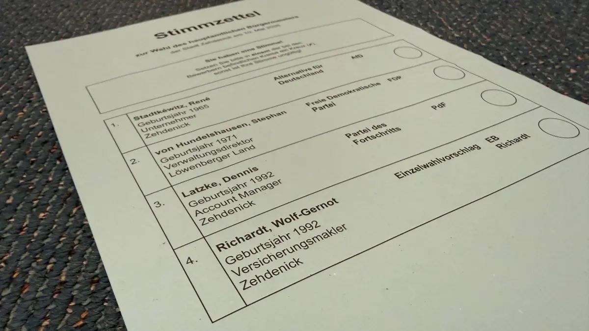 Stimmzettel zur Bürgermeisterwahl 2026 in Zehdenick