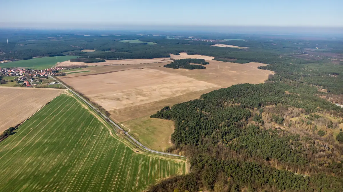 Blick auf den eisenhüttenstädter Ortsteil Diehlo: Die neue Ortsumgehung wird dort die vorhandene Landesstraße unterqueren und anschließend entlang des Waldstückes weiter in Richtung B 246 verlaufen.