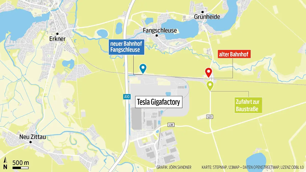 Die Baustraße zum neuen Bahnhof Fangschleuse wird für mindestens 16 Monate die Hauptzufahrt für Pendelnde. Sie ist von Grünheide kommend allerdings nur durch eine lange Umleitung erreichbar.