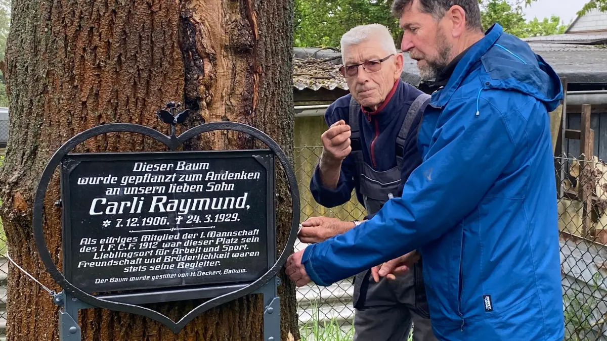 Bringen die erneuerte Gedenktafel wieder an die Esche vor dem Fürstenberger Stadion an: Norbert Brose von der Bürgervereinigung Fürstenberg (Oder) und der Präsident des 1. FC Fürstenberg, Mario Bochon (rechts).