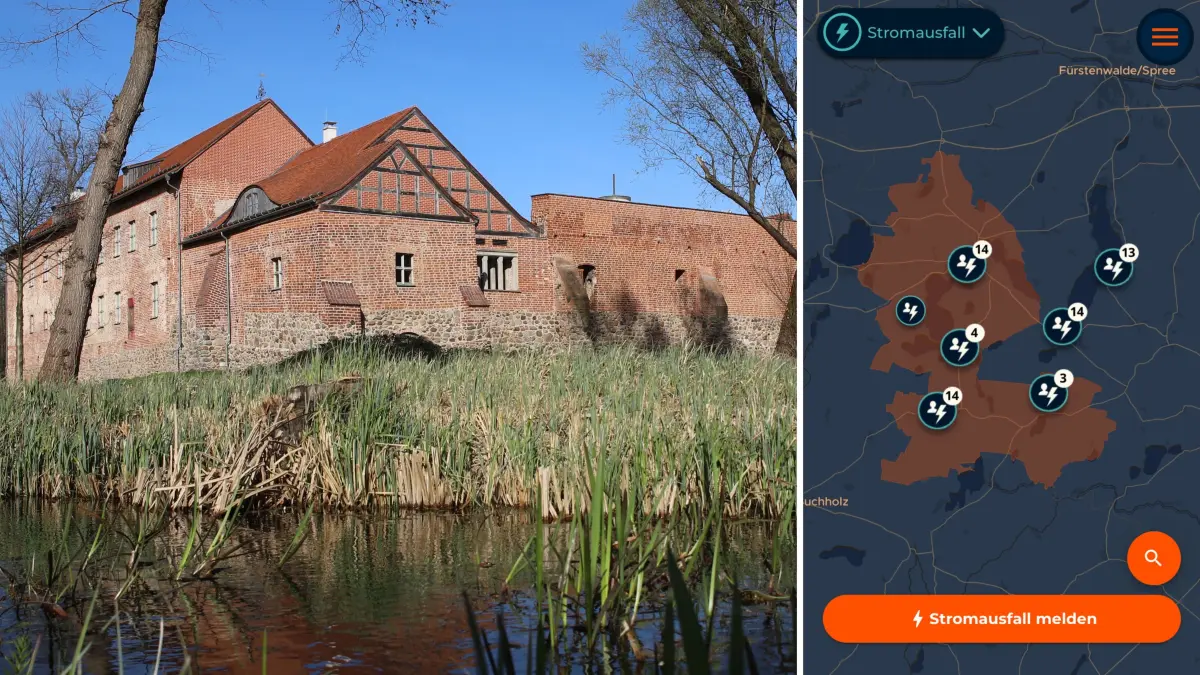 Blick auf die Burg Storkow. Die Stadt war am Wochenende von einem Stromausfall betroffen. Die Karte zeigt die Störungsmeldungen des Portals stoerungsauskunft.de
