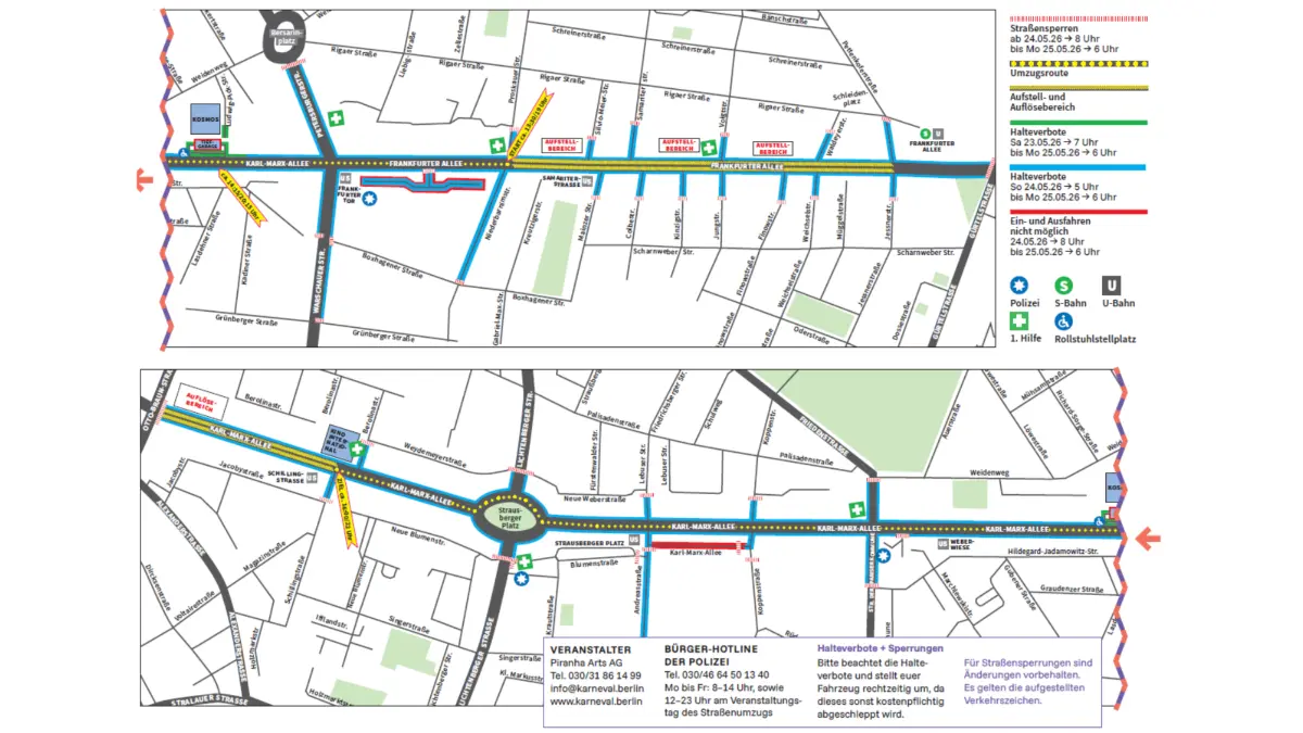 Der Straßenumzug des Karnevals der Kulturen führt 2026 erneut über die Frankfurter Allee und Karl-Marx-Allee in Berlin-Friedrichshain.