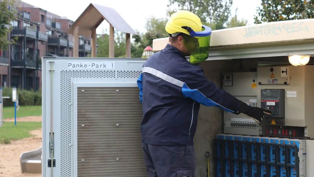 Wie im vergangenen September im Panke-Park werden am 31. Mai durch die Stadtwerke Bernau zwölf Trafostation an die höhere Netzspannung angeschlossen. Hier zu sehen: Niklas Burneleit von den Stadtwerken Bernau am Niederspannungsleistungsschalter.