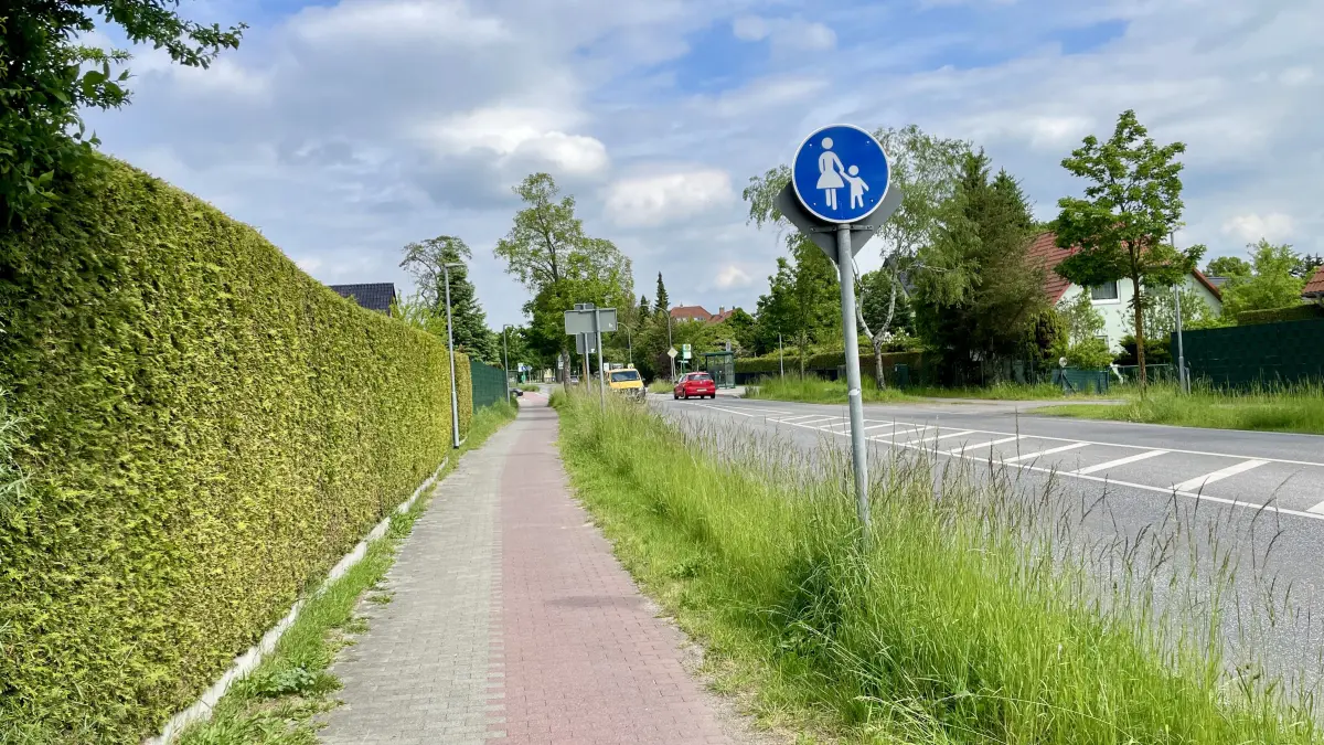 An der Schönower Chaussee in Bernau müssen Radfahrende seit Mitte März in einem Abschnitt auf die Fahrbahn ausweichen. Die frühere Gehwegfreigabe wurde aus Sicherheitsgründen aufgehoben – doch viele fühlen sich auf der Straße erst recht unsicher.