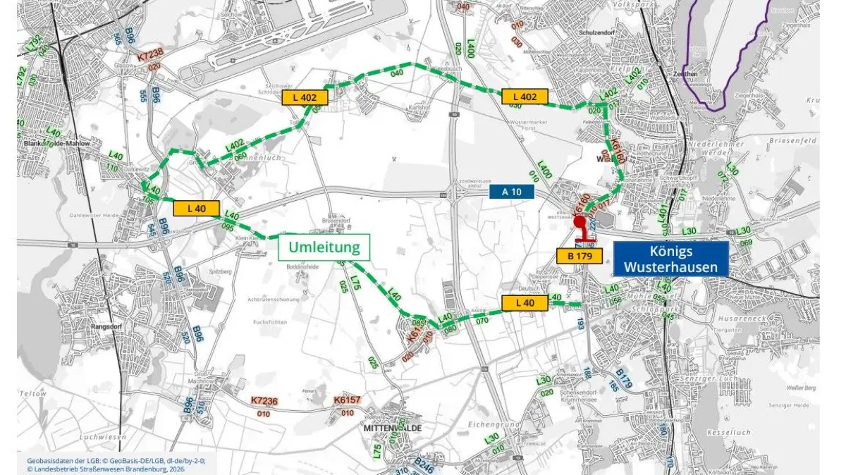 Diese Umleitung hat der Landesbetrieb zur Sanierung der Bundesstraße B179 bei Königs Wusterhausen bislang offiziell bekannt gegeben. Möglicherweise kommen aber auch noch weitere Umfahrungsrouten dazu.
