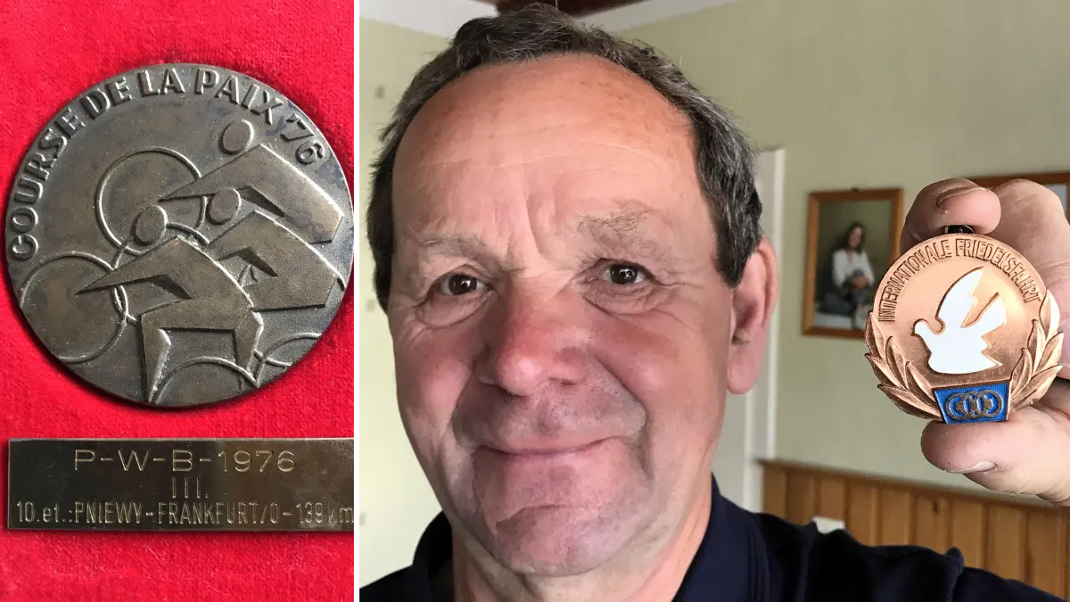 Wiesenau. Gerhard Lauke, früherer Radsportler, zeigt seine Bronzemedaille für den 3. Platz in der Gesamtwertung der 29. Internationalen Friedensfahrt 1976. Links die Medaille für den 3. Platz der 10. Etappe Pniewy-Frankfurt (Oder) am 20. Mai 1976. Fotos vom 19.05.2026. Fotos: Frank Groneberg