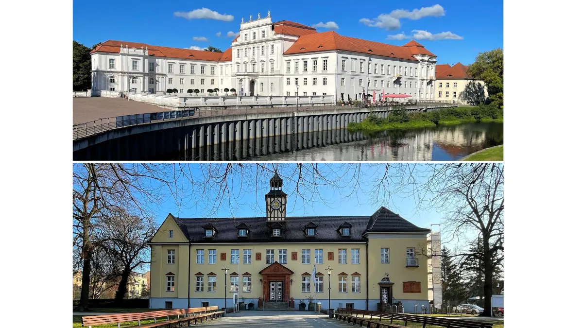Schloss Oranienburg (oben, Foto: Marco Winkler), Rathaus Velten (Foto: Stefan Zwahr), beides Sitz der Verwaltung, Stadtverwaltung