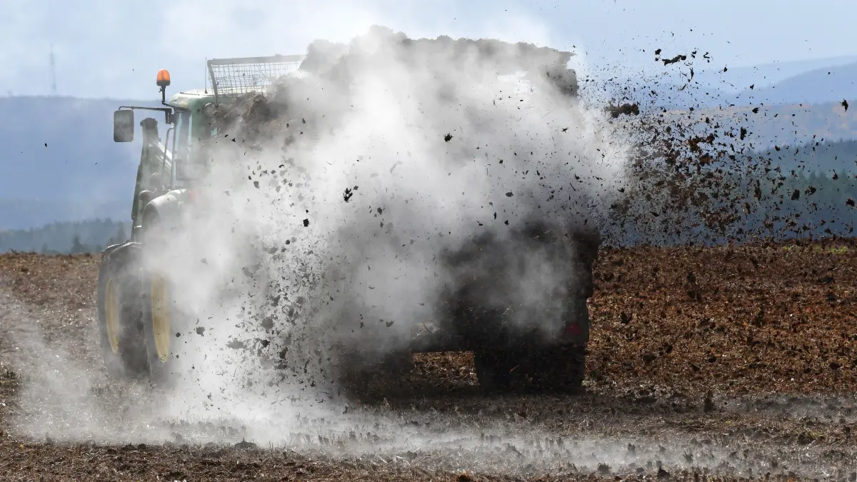 Dampfender Stallmist wird mit landwirtschaftlichem Gerät auf einem Feld ausgebracht. Stallmist ist Dünger und reich an Nährstoffen. (Symbolbild)
