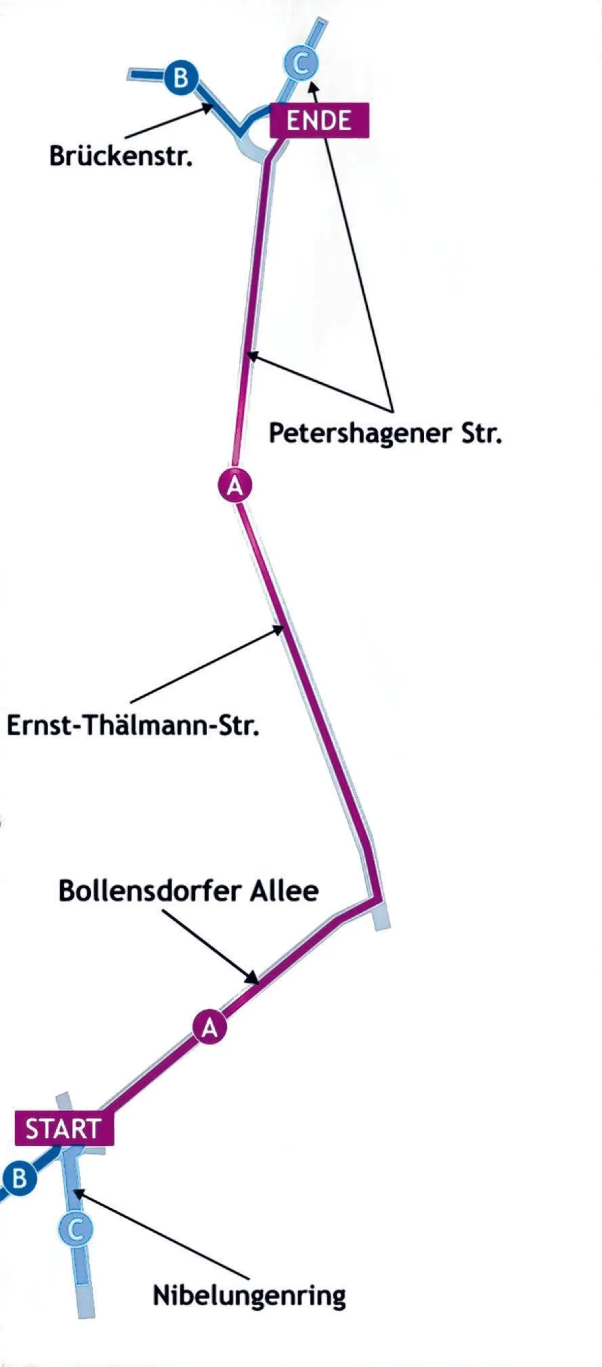 Die Route führt vom Nibelungenring über die Schöneicher Straße und die Ernst-Thälmann-Straße zum Festplatz.