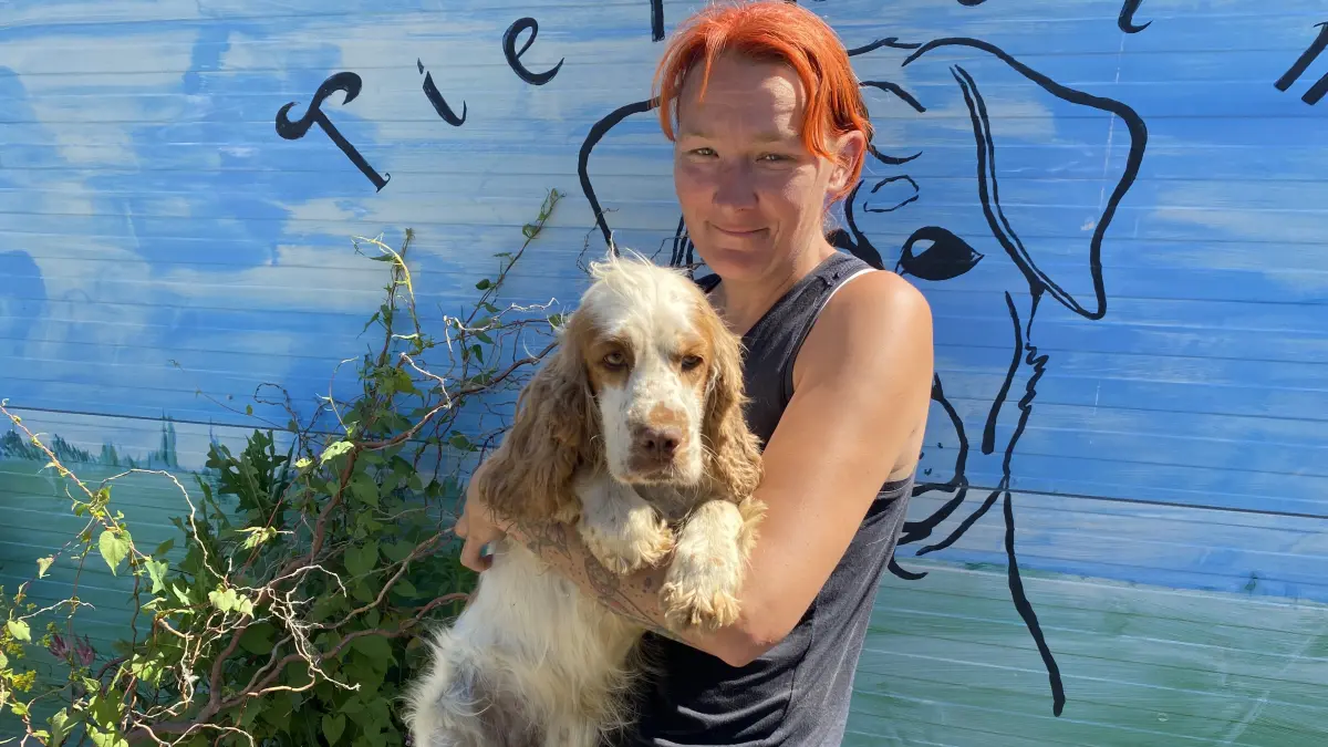 Die junge Lotta mit Tierheimmitarbeiterin Kathleen Bonack: Der englische Cockerspaniel kann ab sofort von Alinas Tierheim an der Oderlandstraße in Eisenhüttenstadt vermittelt werden.
