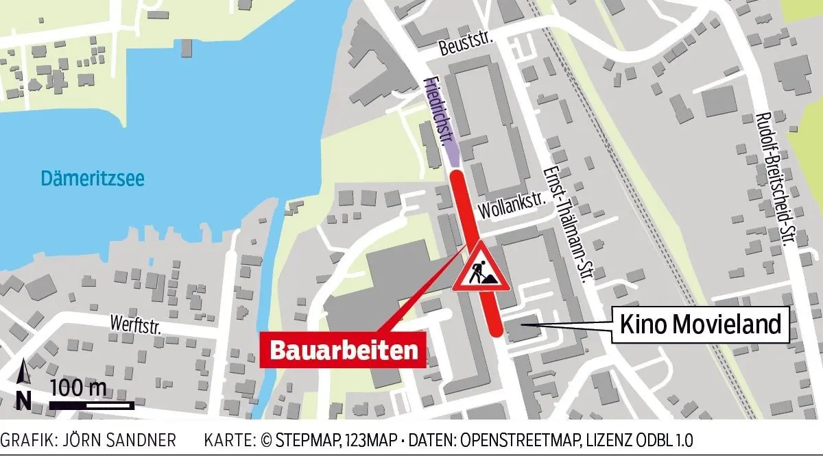 Aktuelle Verlängerung der Baustelle in Lila: Für die Sanierung der Friedrichstraße in Erkner dehnt der Landesbetrieb den Bauabschnitt bis zum Carl-Bechstein-Weg aus.