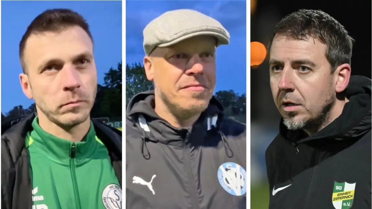 Die Trainer der drei erstplatzierten Mannschaften der Landesliga Nord: Tom Buschke (SV Falkensee-Finkenkrug), David Karaschewitz (Viktoria Potsdam) und Ronald Mersetzky (Einheit Zepernick)