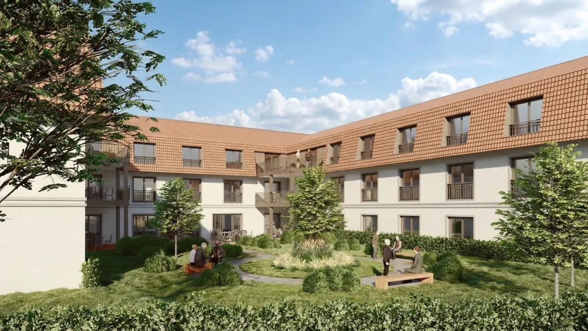 Visualisierung mit begrüntem Innenhof: So soll das neue Seniorenzentrum in Dahlwitz-Hoppegarten einmal aussehen.