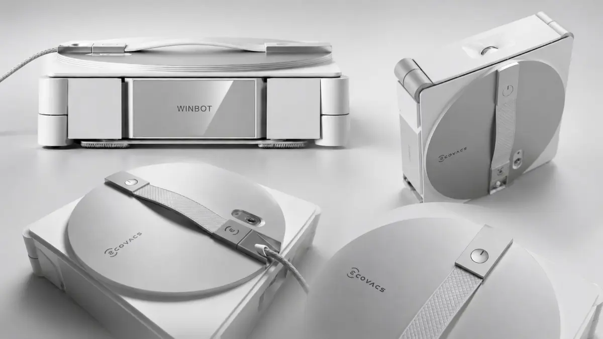 Ecovacs WINBOT W3 OMNI. Das kompakte Fensterteil erledigt die Arbeit und ist mit der Basisstation fest verbunden.