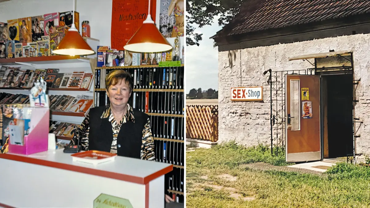 Ein Sexshop im thüringischen Ilmenau (links) und ein Geschäft in Herzberg (Elster) im ehemaligen Kaninchenstall (rechts) in den 1990er Jahren. In Brandenburg, wie in ganz Ostdeutschland, öffnete nach der Wende ein Erotikshop nach dem anderen.