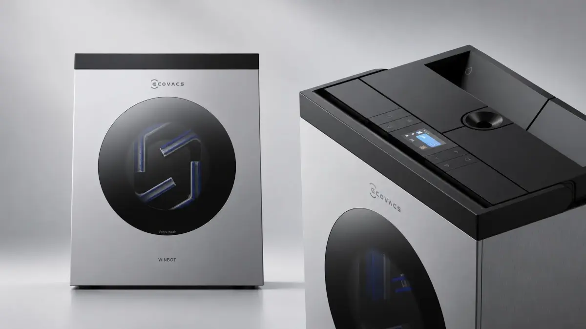 Ecovacs WINBOT W3 OMNI. Die Basisstation ist für Pad-Reinigung, Wasser-, Abwasserversorgung und Sicherheit zuständig.