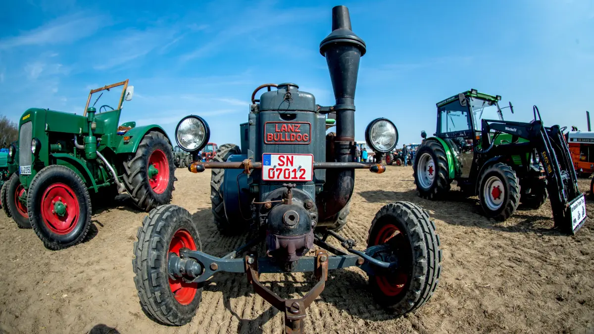 Der Goldstandard unter Sammlern in Deutschland: ein Traktor der Marke Lanz Bulldog, mit charakteristischem Einzylinder-Glühkopfmotor und Schwungrad an der Seite. 