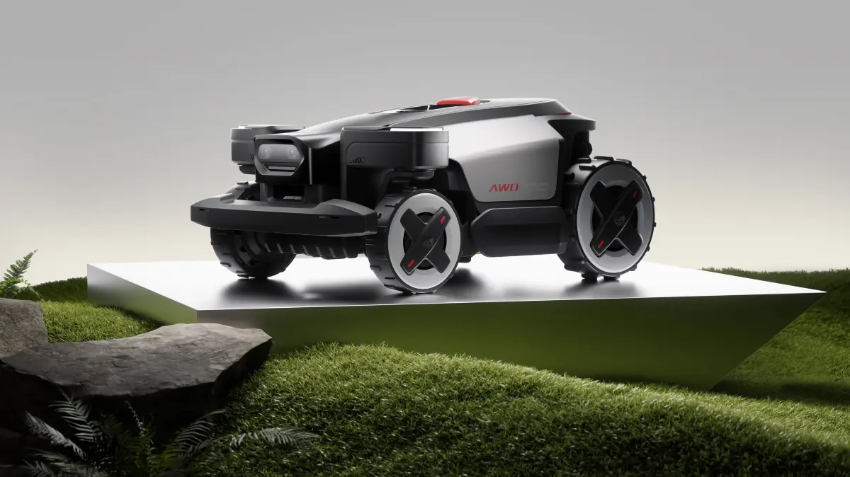 Roborock RockMow Z1. Permanenter Allradantrieb und einzeln lenkbare Räder serienmäßig.