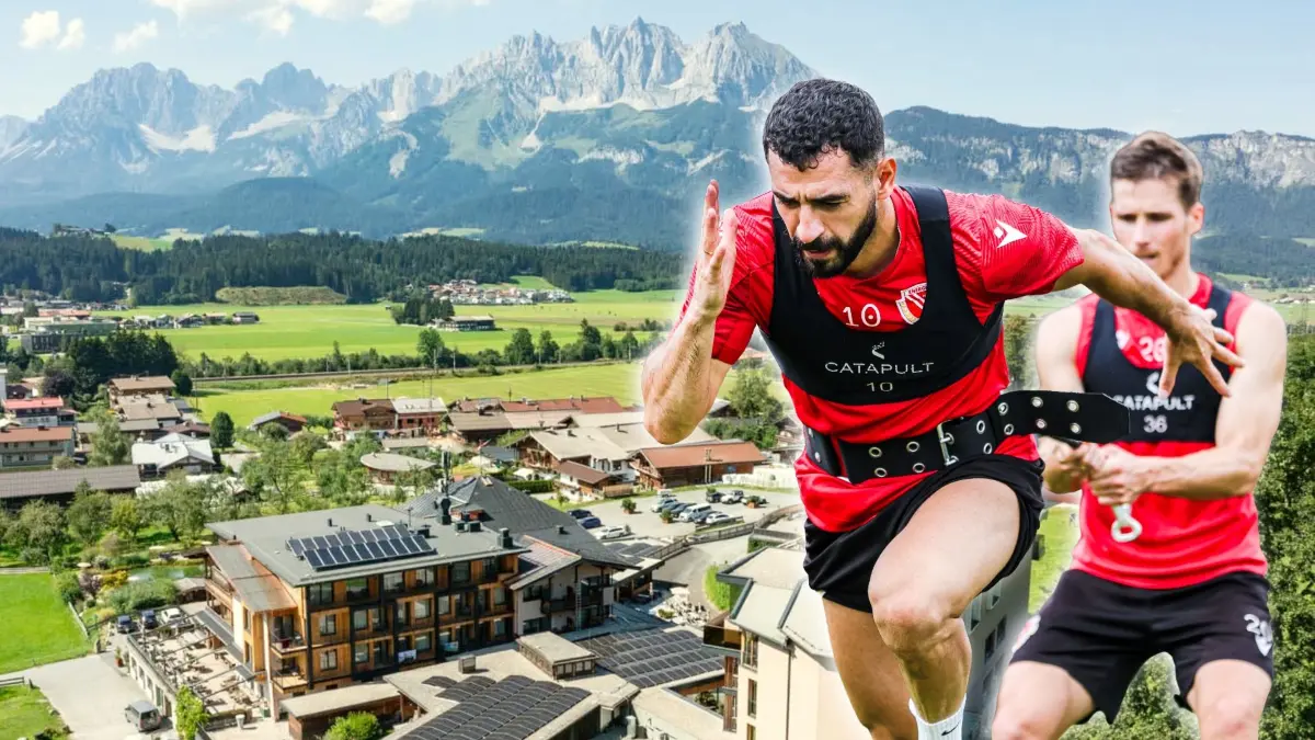Energie Cottbus trainiert im Juli 2026 vor dem Panorama der Kitzbüheler Alpen. Tolcay Cigerci, Axel Borgmann und ihre FCE-Kollegen sind für eine Woche zum Trainingslager in Österreich zu Gast.