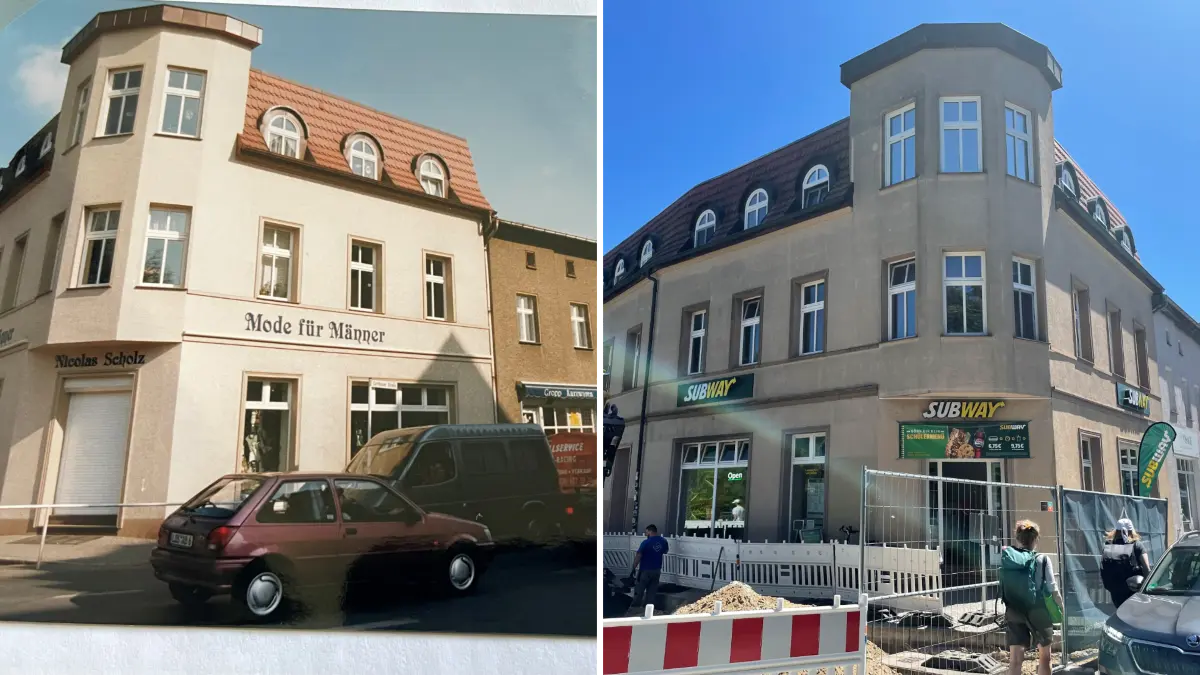 Die Bahnhofstraße Königs Wusterhausen hat sich über die Jahre verändert. Ein Modegeschäft für Männer von 1996 ist heute ein Subway. Welche Geschäfte gab es früher im Vergleich zu heute?