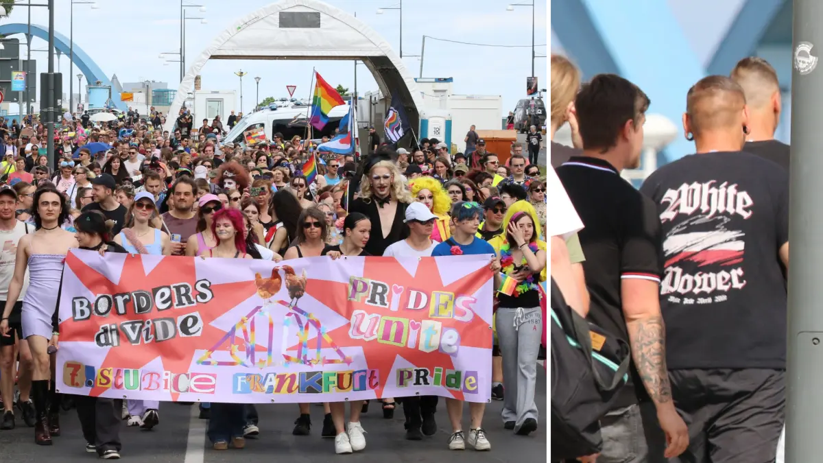 In Frankfurt (Oder) musste die Polizei während der CSD-Demonstration 2026 mehrere Straftaten aufnehmen. Welche waren das? Unter anderem auf der Stadtbrücke entgegnete Ihnen Teilnehmer der Gegendemonstration