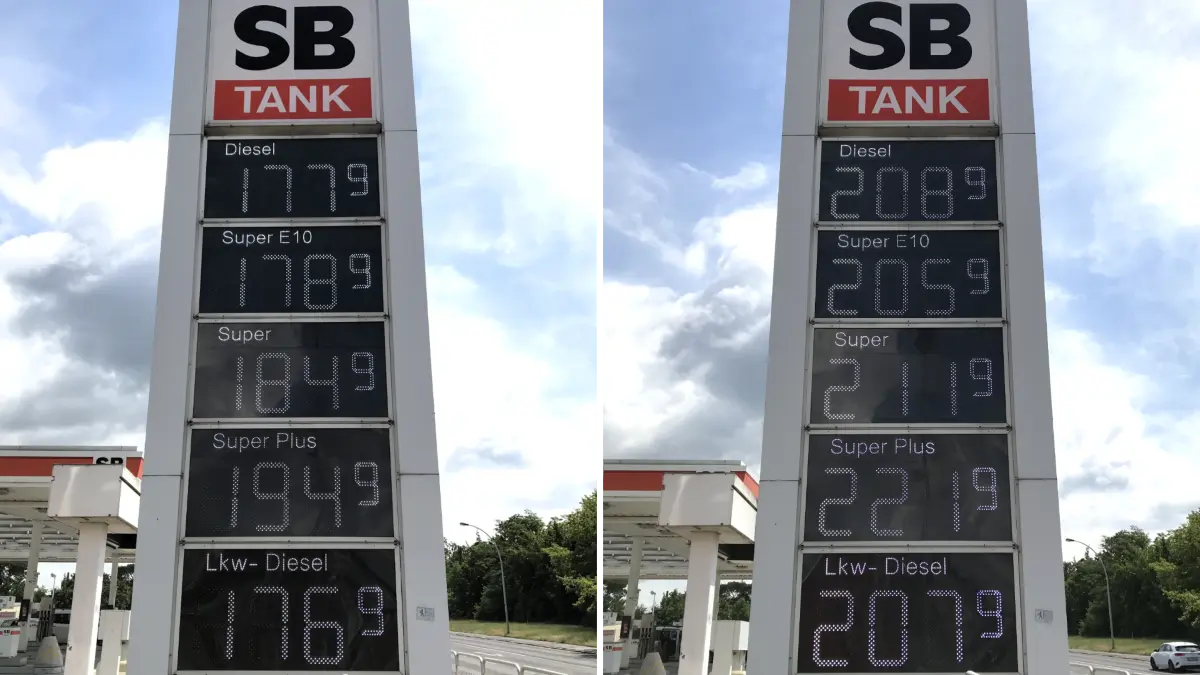 Eisenhüttenstadt. SB-Tankstelle Beeskower Straße. Preissprung um bis zu 31 Cent je Liter. Kraftstoffpreise von 11.58 Uhr zu 12 Uhr. 11.06.2026 Fotos: Frank Groneberg