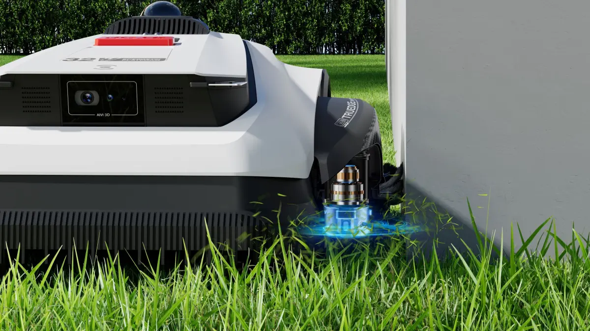 GOAT A1600 LiDAR PRO mit seitlichem Trimm-Modul. Ohne arbeitet der Mähroboter nicht.