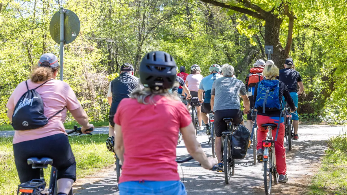 Ausflügler fahren auf ihren Rädern auf einem Radweg am Rande der Stadt. Die Temperaturen in Südbrandenburg erreichen heute mehr als 24 Grad Celsius; für den Sonntag sind fast 30 Grad angekündigt. Es bleibt sonnig und trocken - erst ab Dienstag der nächsten Woche sind Niederschläge möglich. +++ dpa-Bildfunk +++