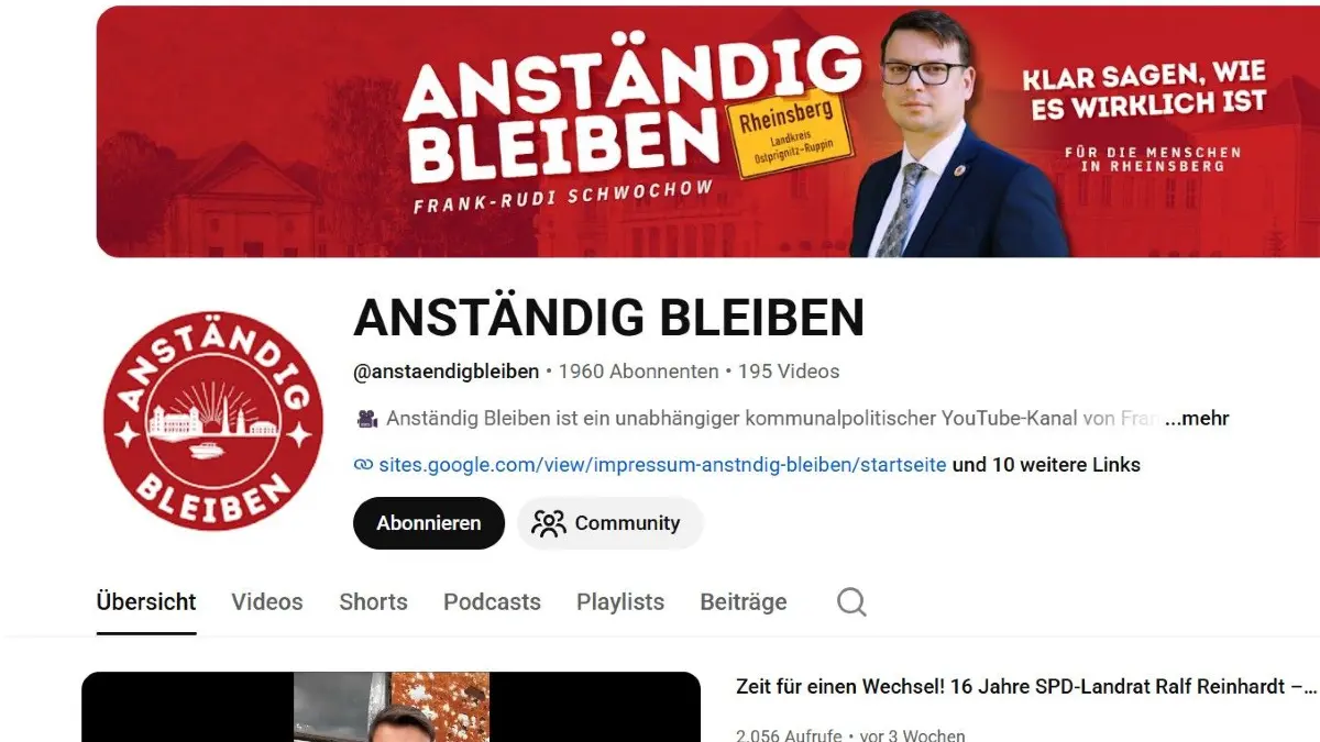 Rheinsbergs Bürgermeister Frank-Rudi Schwochow betreibt auf Youtube den umstrittenen Kanal "Anständig bleiben". Nun fragen sich Kritiker, was er damit verdient und ob er das Geld versteuert.