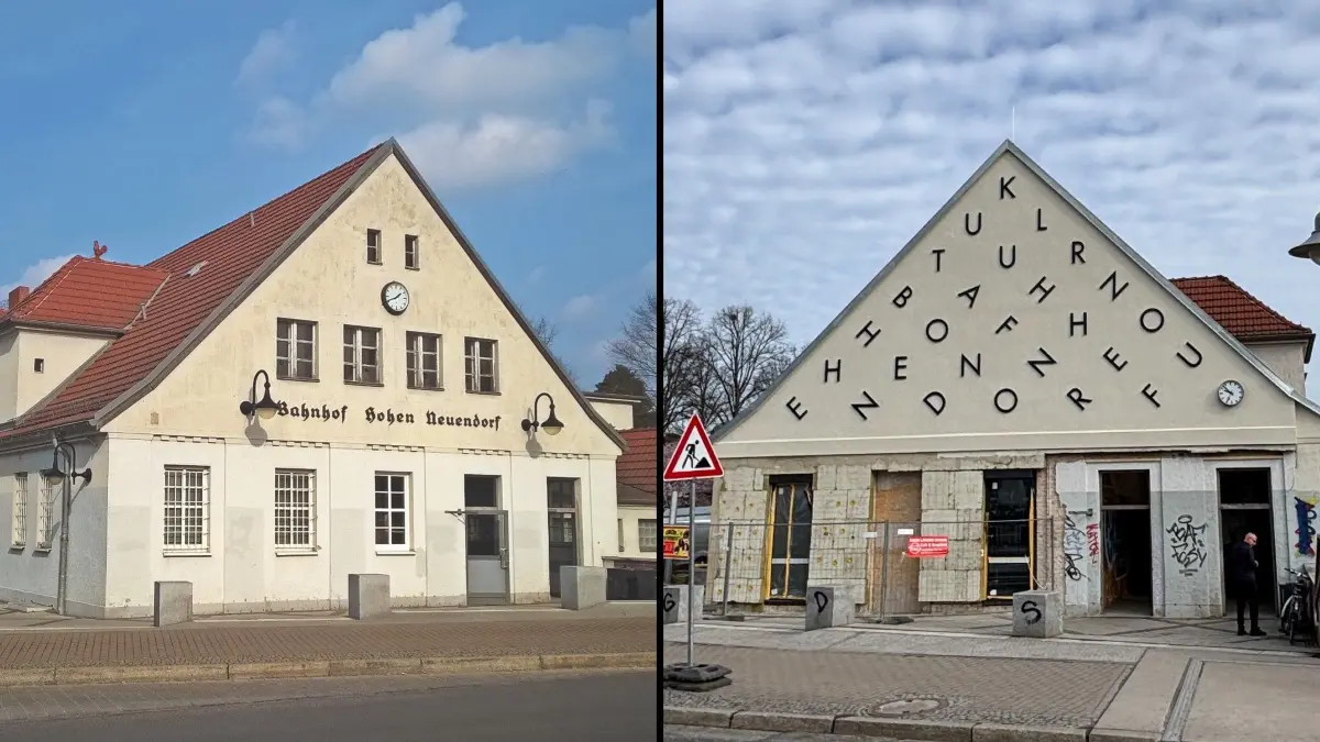 Vorher - nachher: Die historische Fassade (li.) am Bahnhofsgebäude von Hohen Neuendorf ist verschwunden. Jetzt schmückt ein umstrittenes Kunstwerk (re.) den Giebel vom künftigen Kulturbahnhof.