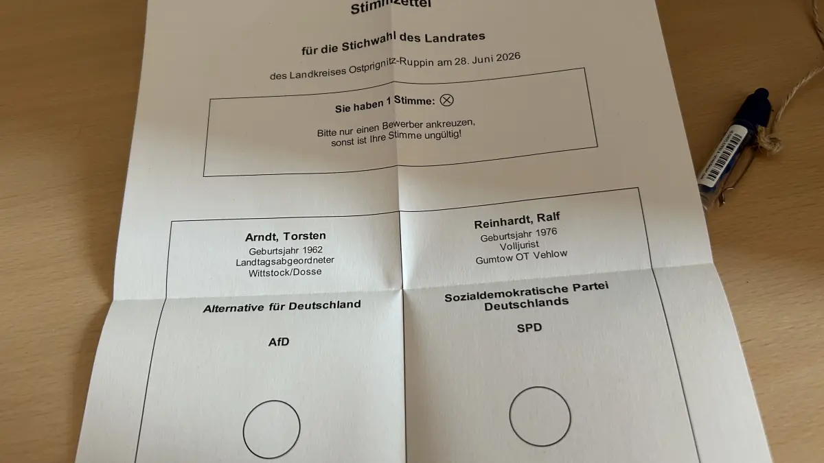 Die Stichwahl zum Landrat in OPR 2026 ist vorüber. Ralf Reinhardt (SPD) hat gewonnen. Torsten Arndt (AfD) hat in einem Ort jedoch die meisten Stimmen holen können.