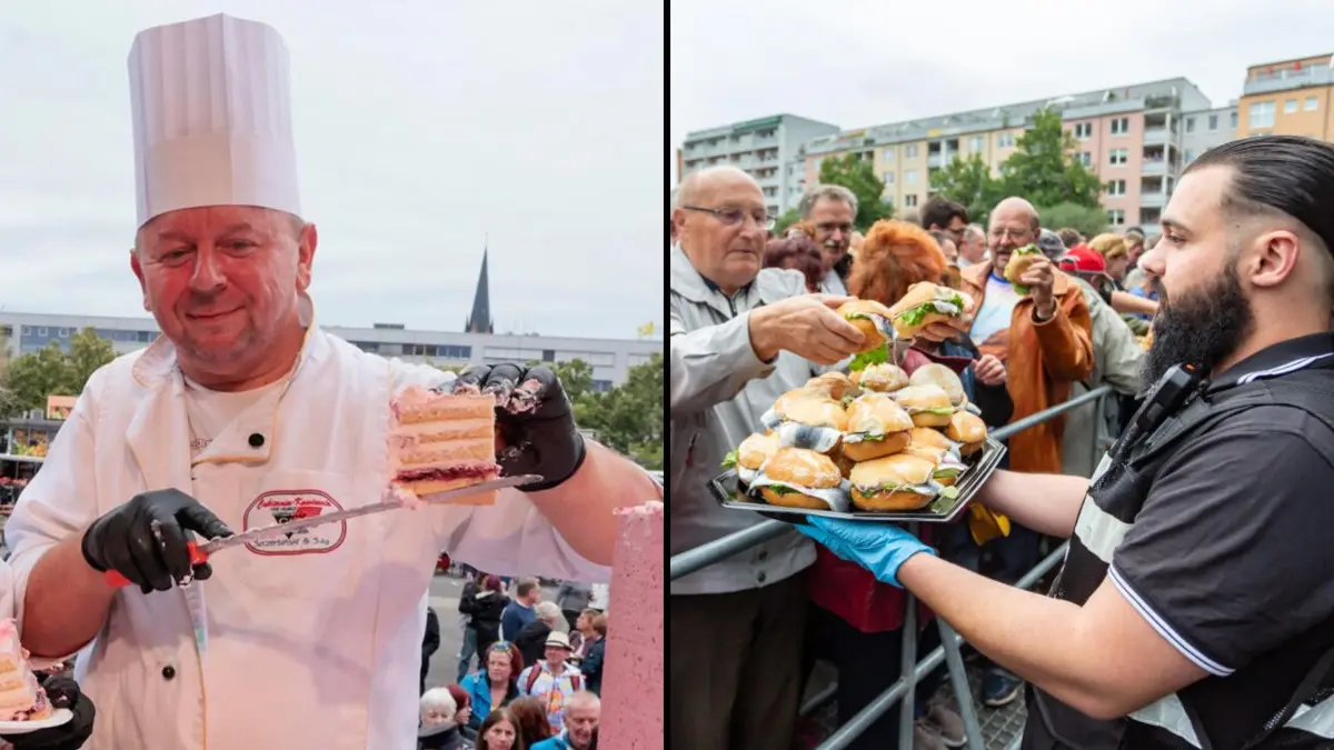 2025 gab es beim Stadtfest in Frankfurt (Oder) Torte von Radosław Szczerbiński aus Słubice (l.) statt der traditionellen Heringsbrötchen. 2026 wird erneut alles anders.