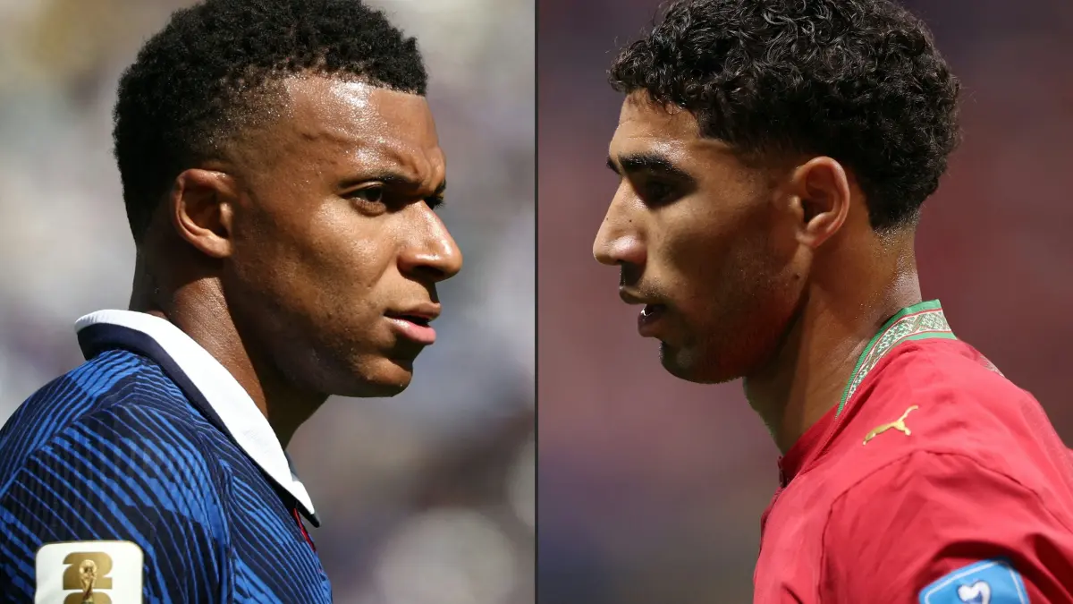 FBL-WC-2026-MATCH97-FRA-MAR-COMBO: This combination of pictures created on July 07, 2026 shows France's forward #10 Kylian Mbappe reacting at the New York/New Jersey Stadium in East Rutherford on June 16, 2026, and Morocco's defender #02 Achraf Hakimi looking on at Atlanta Stadium on June 24, 2026. France and Morocco will meet in a 2026 World Cup quarter-final football match at Boston Stadium in Foxborough on July 9, 2026. (Photo by FRANCK FIFE and Darrian Traynor / various sources / AFP)