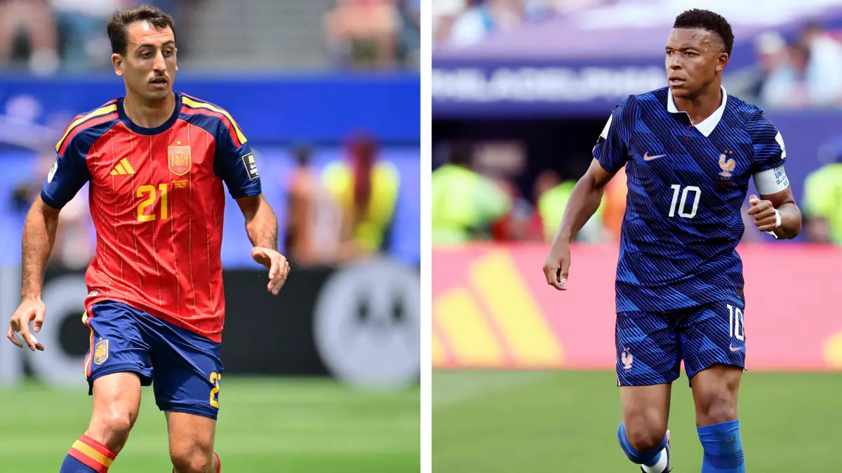 COMBO-FBL-WC-2026-FRA-ESP: (COMBO) This combination of files photos created on July 12, 2026, shows Spain's forward #21 Mikel Oyarzabal in Inglewood on July 10, 2026 (L); and France's forward #10 Kylian Mbappe in Philadelphia on July 4, 2026. France and Spain will meet in a 2026 World Cup semi-finall football match at the Dallas Stadium in Arlington on July 14, 2026. (Photo by Frederic J. BROWN and Franck FIFE / AFP)